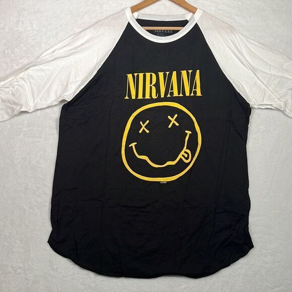 Nirvana Smiley face concert release Raglan long‎ hem cotton T-shirt NWOT Men XL - Picture 1 of 7